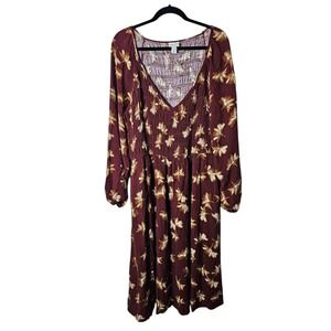 Ava & Viv 2X Brown‎ Floral Midi Dress Deep V-Neck Smocked Waist Peasant Cottage